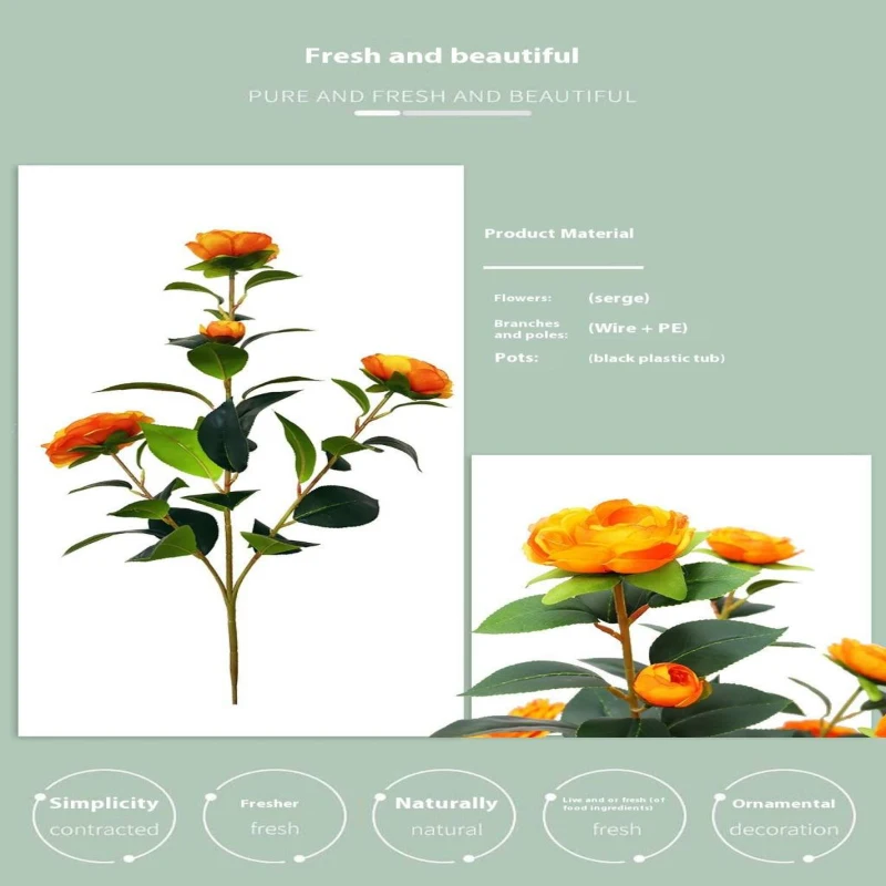 36" Faux Camellia Plant in Pot with Orange Flowers, Artificial Camellia Tree 2-Pack for home or office decor, 26.5" L x 6" W x 36" H, Black+Orange