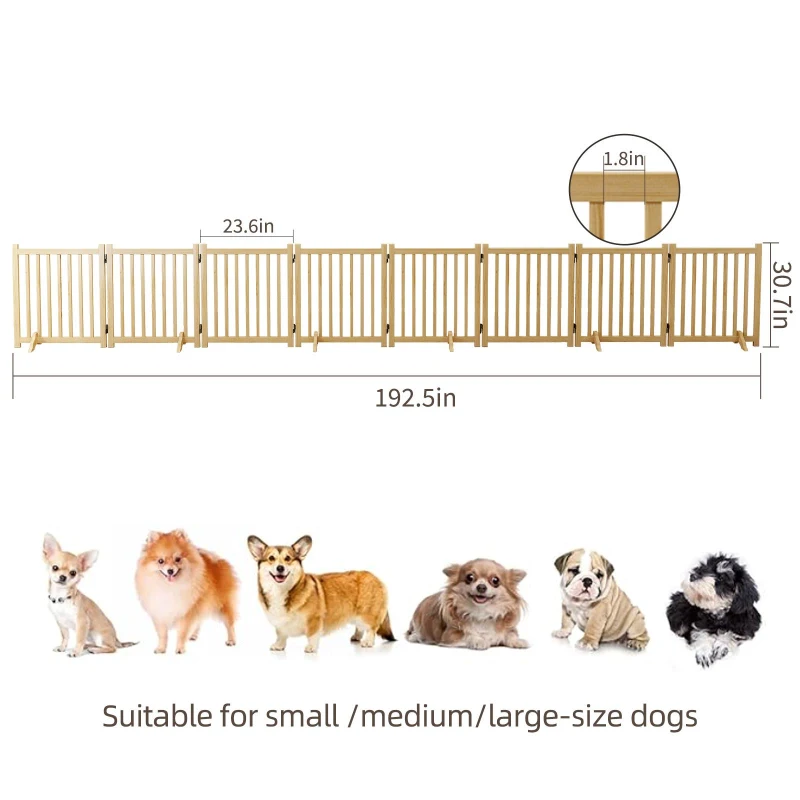 8-Panel Wooden Freestanding Dog Gate with Folding Design, Indoor Pet Fence for Dogs, No Assembly Required, 192.5″ L x 31″ H, Natural