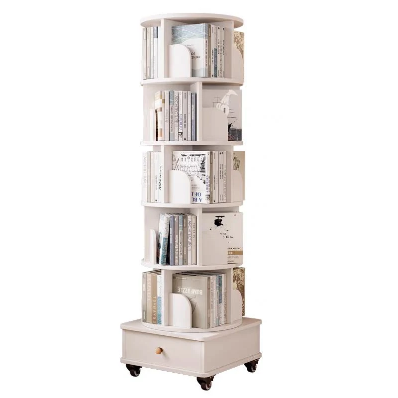 Rotating Bookshelf with Drawer and 360-Degree Display, Wood Narrow Book Shelf Organizer for Small Spaces, 18" L x 18" W x 69" H, White