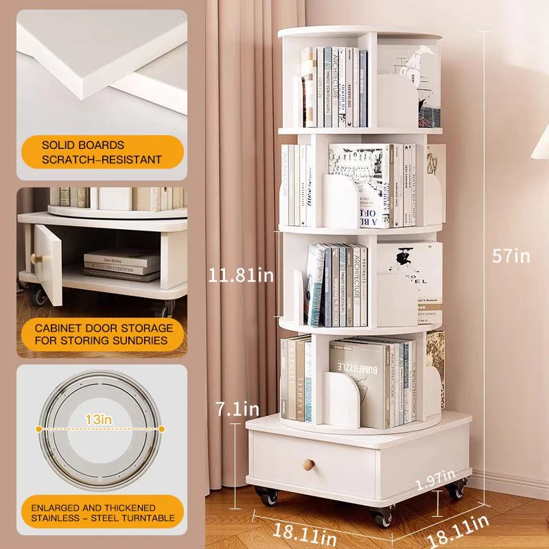 Rotating Bookshelf with 360-Degree Rotating Design, Wood Narrow Book Shelf Organizer for Bedroom, Living Room, 18″ L x 18″ W x 51″ H, White