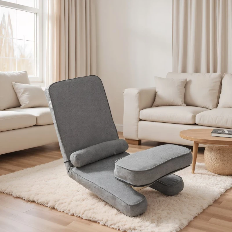 Folding Sofa Bed for living room, Built-in Lumbar Support, Gaming Floor Chair with 5-Position Back Support, 19" L x 62" W x 4" H, Grey