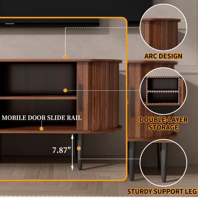 47" Modern TV Stand with Sliding Door, Gaming Entertainment Center with Storage Compartment and Cabinet, 47" L x 16" W x 21.5" H, Walnut