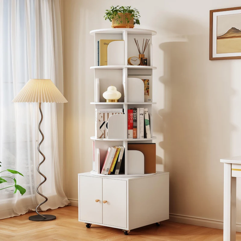 Rotating Bookshelf with Drawer and 360-Degree Display, Book Shelf Organizer for Bedroom, Living Room, 18" L x 18" W x 70" H, White
