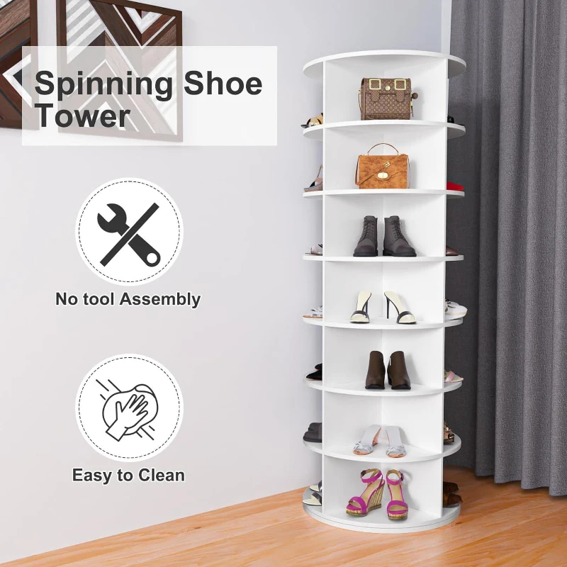7-Tier Rotating Shoe Rack Tower with Sturdy Construction, 360-Degree Shoe Display with 28-Pair Capacity, 23.5" L x 23.5" W x 63.5" H, White