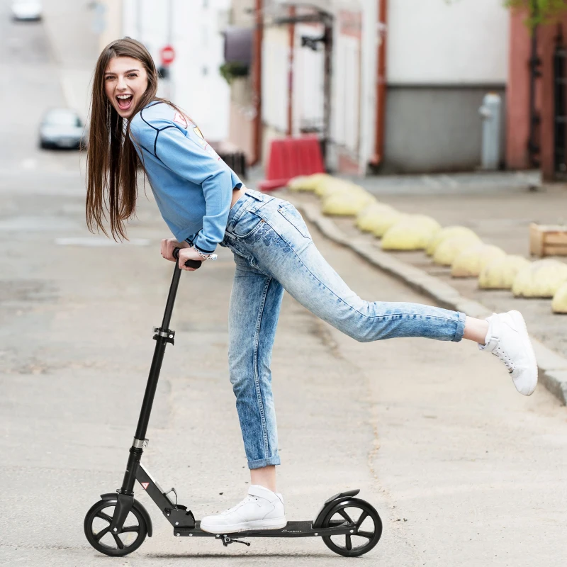 Soozier Kick Scooter for 12 Years and Up, Folding Scooter with 3-Level Height Adjustable Handlebar, Big Wheels and Rear Wheel Brake, Black
