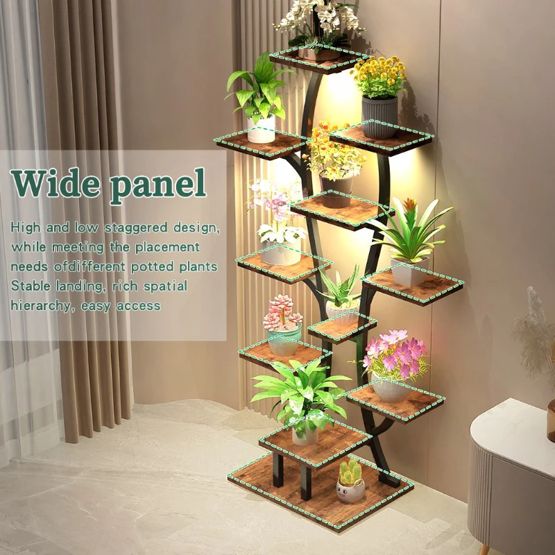 Indoor Plant Stand with Adjustable Grow Lights, Metal Vase-Shaped Plant Holder for Patio, 21.5″ L x 10″ W x 64.5″ H, Black+Dark Walnut