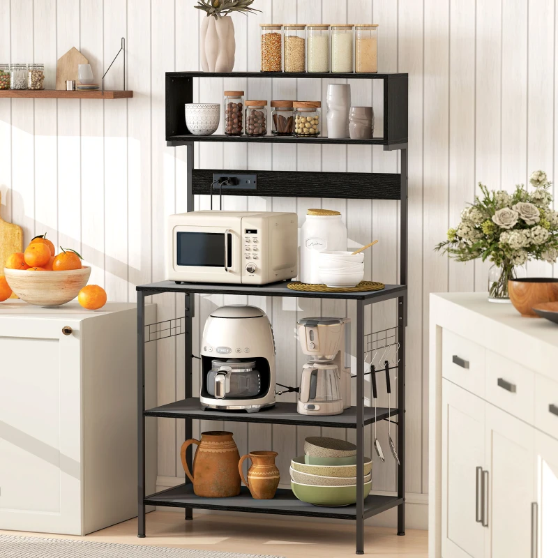 HOMCOM Baker's Rack with Charing Station, Microwave Shelf with Power Outlet, USB Charger and 5 Hooks, Black