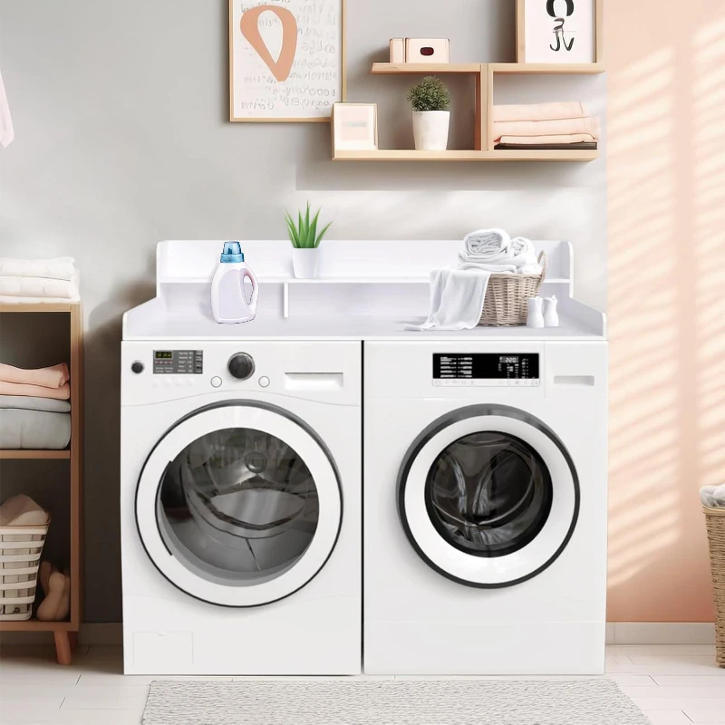 Washer Dryer Countertop with Non-slip Pads, Ample Workspace, Double Layer Wood Shelf Topper with Edge, 54″ L x 27.5″ W x 12″ H, White