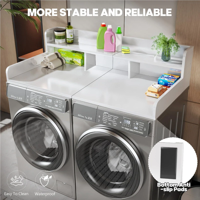 Washer Dryer Countertop with Non-slip Pads, Ample Workspace, Double Layer Wood Shelf Topper with Edge, 54″ L x 27.5″ W x 12″ H, White