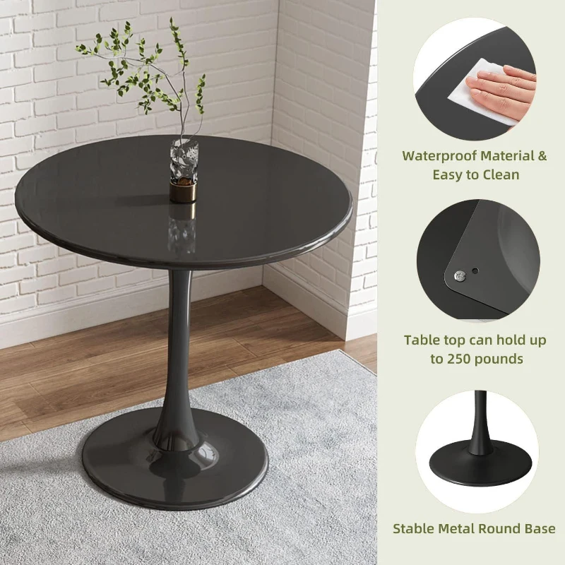 Modern Round Dining Table with MDF Top and Steel Base, Strong Construction, Easy Assembly and Cleaning, 23.5″ L x 23.5″ W x 29″ H, Black