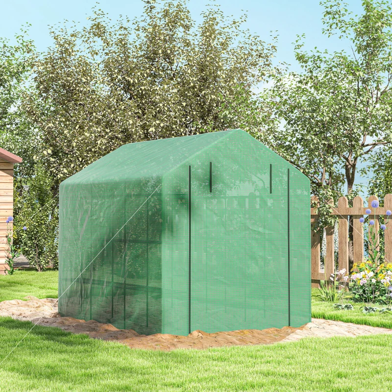 Outsunny Outdoor Walk-in Greenhouse with Roll-up Zipper Door, 18 Shelves, PE Cover, 95.25" x 70.75" x 82.75", Green