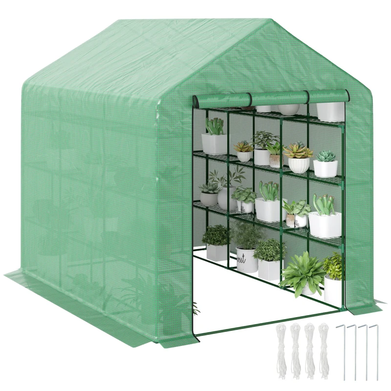 Outsunny Outdoor Walk-in Greenhouse with Roll-up Zipper Door, 18 Shelves, PE Cover, 95.25" x 70.75" x 82.75", Green