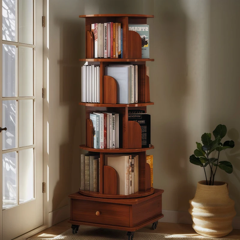 5-Tier Corner Bookcase for Small Spaces, 360-Degree Rotating Display Bookshelf with Drawer, 18" L x 18" W x 57" H, Walnut Brown