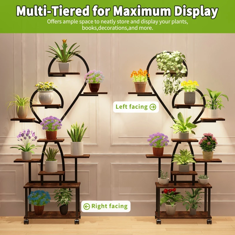 Heart-Shaped Indoor Plant Stand with Grow Lights, S-Shaped Rack for Home and Patio, 35.5″ L x 10″ W x 65″ H, Black+Dark Walnut