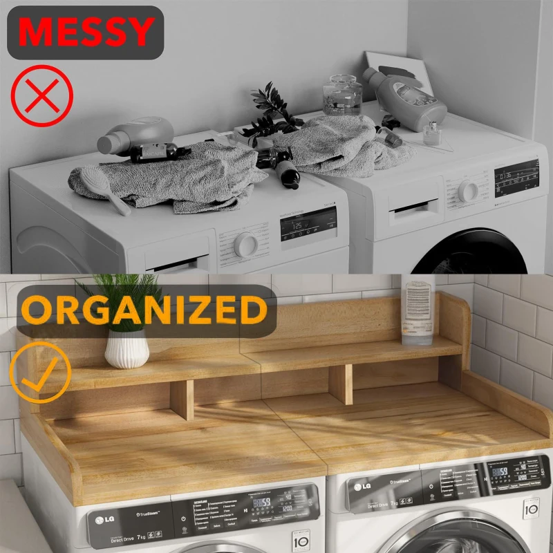 Double Layer Practical Washer Dryer Countertop with Non-slip Pads, Laundry Wood Shelf Topper with Edge, 54" L x 27.5" W x 12" H, Natural