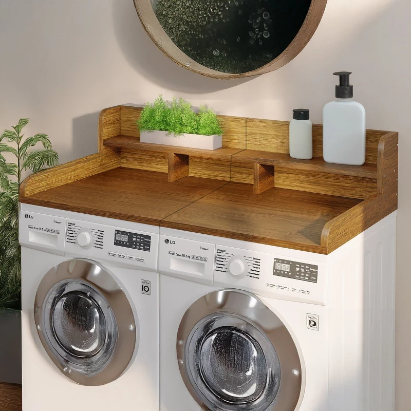 Practical Washer Dryer Countertop with Non-slip Pads, Double Layer Laundry Wood Shelf Topper with Edge, 54" L x 27.5" W x 12" H, Walnut