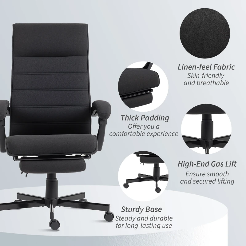Vinsetto Office Chair, High Back Desk Chair, Swivel Recliner with Adjustable Height, Footrest and Padded Armrest, Black
