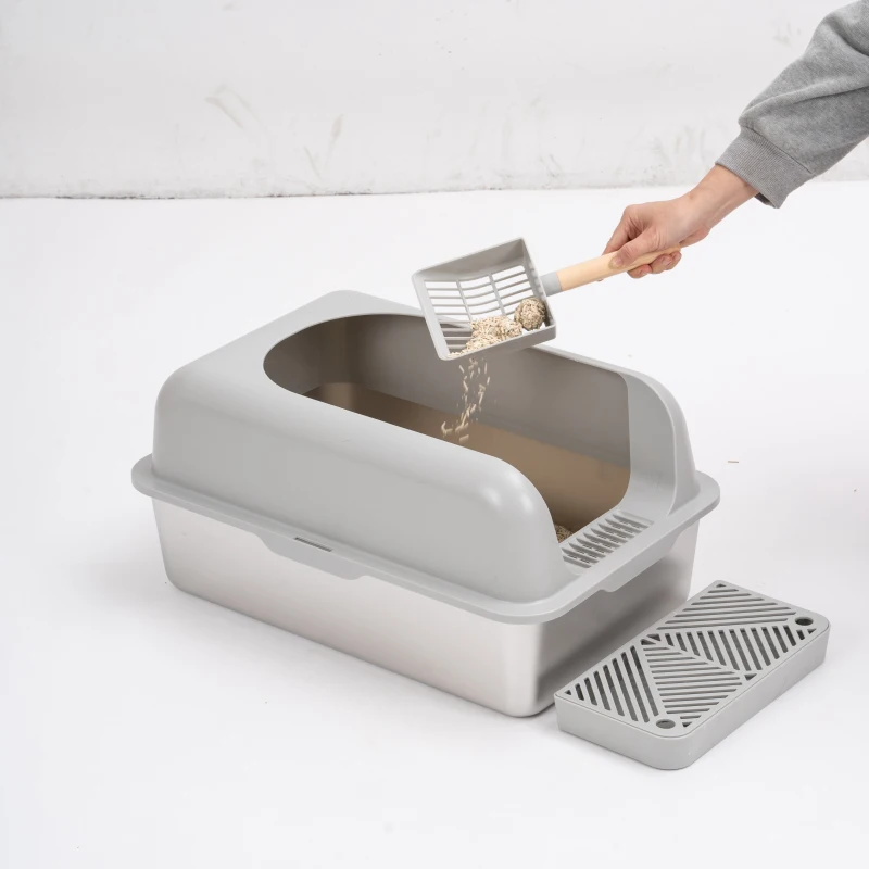 Enclosed Stainless Steel Cat Litter Box with Lid, Extra Large XL Metal Litter Pan Tray, Easy for Cleaning, 16.5" L x 24" W x 12" H, Grey