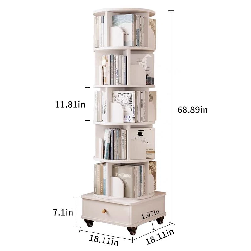 Rotating Bookshelf with Drawer and 360-Degree Display, Wood Narrow Book Shelf Organizer for Small Spaces, 18" L x 18" W x 69" H, White