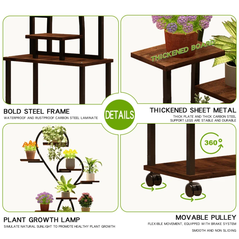 Heart-Shaped Indoor Plant Stand with Grow Lights, S-Shaped Rack for Home and Patio, 35.5″ L x 10″ W x 65″ H, Black+Dark Walnut