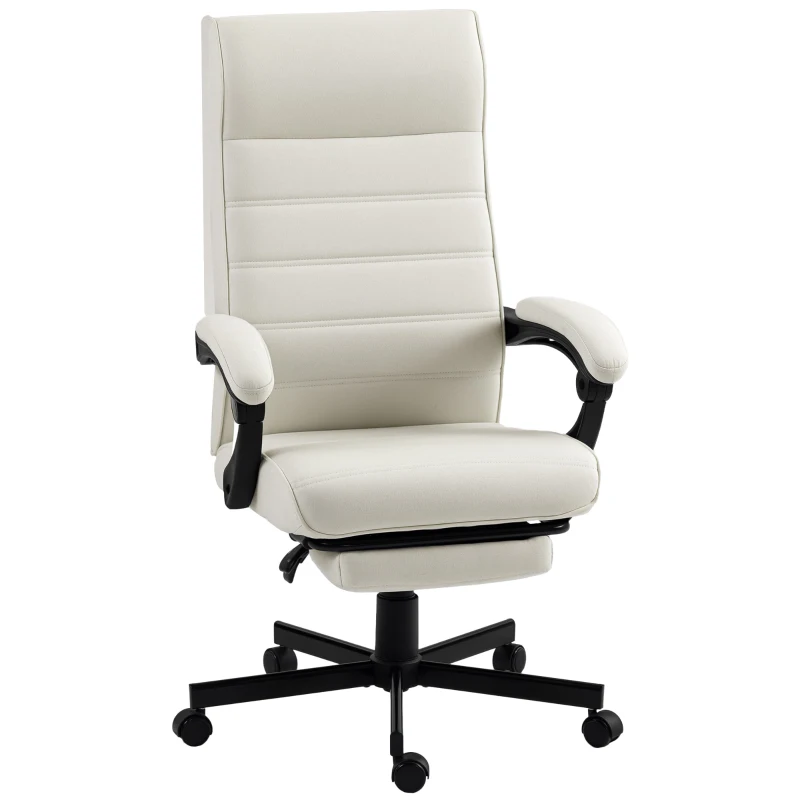 Vinsetto Office Chair, High Back Desk Chair, Swivel Recliner with Adjustable Height, Footrest and Padded Armrest, Cream White