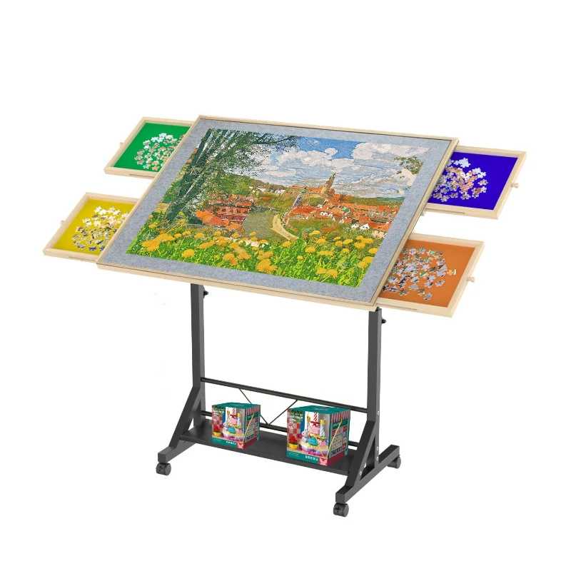 Wooden 1500 Piece Puzzle Table with Drawer, Adjustable Height, Rolling Puzzle Table with Wheels, 35" L x 27" W x 37.5" H, Black+Natural