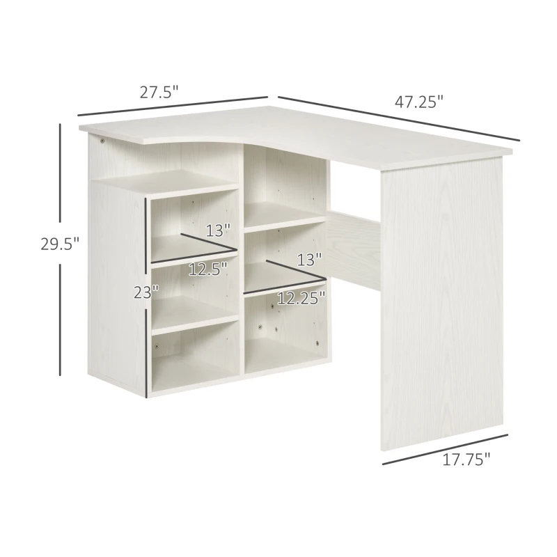 HOMCOM 47.25" L-Shaped Computer Desk, Writing Desk, Corner Desk with Storage Shelves for Home Office, Study, White