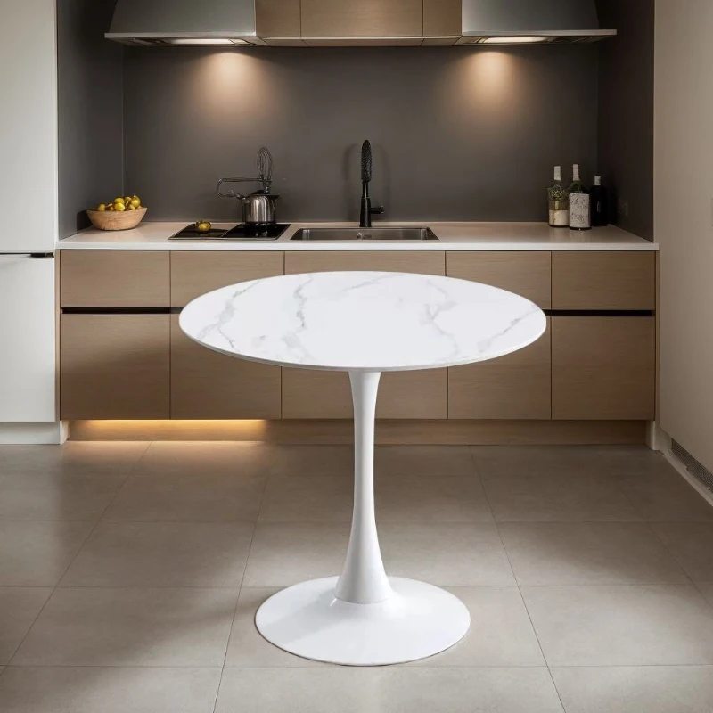 Marble Texture Round Dining Table with MDF Top and Steel Base, Easy to Install and Clean, 23.5" L x 20" W x 29" H, White Marble