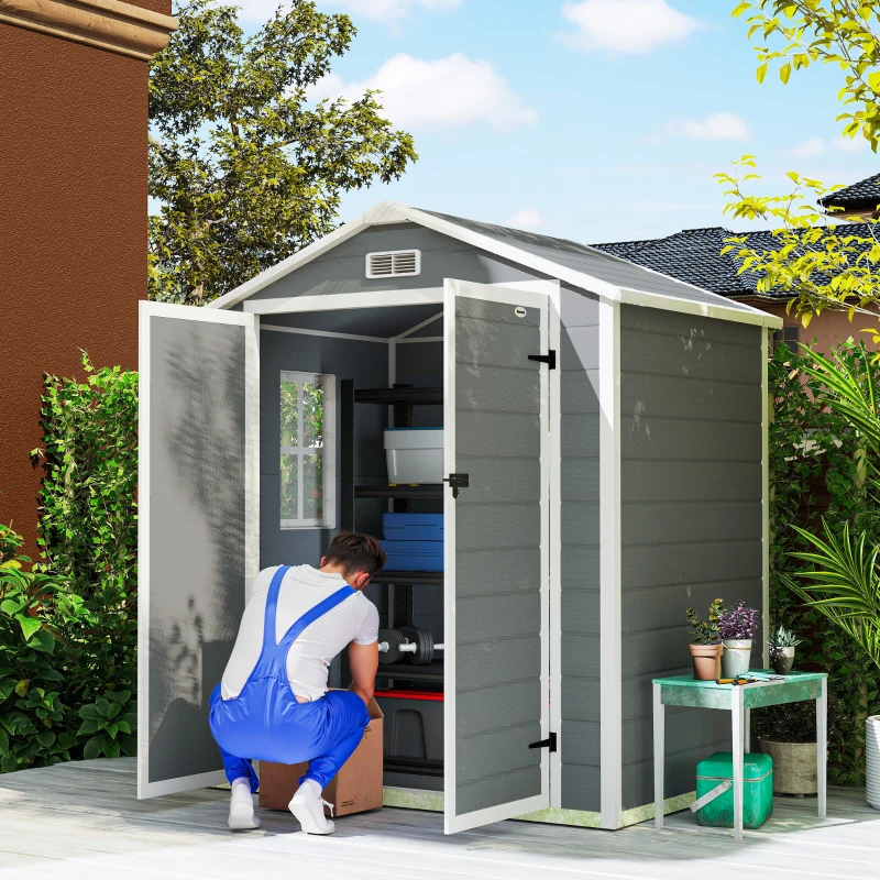 Outsunny 6x4.5FT Plastic Shed, Lockable Garden Tool Storage House with Double Doors and Vent, Grey