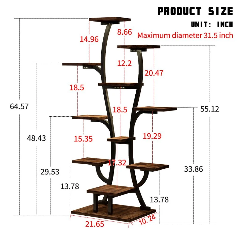 Indoor Plant Stand with Adjustable Grow Lights, Metal Vase-Shaped Plant Holder for Patio, 21.5″ L x 10″ W x 64.5″ H, Black+Dark Walnut