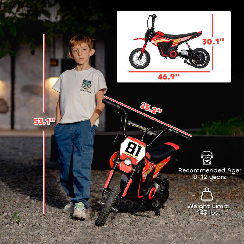 Qaba 24V Kids Motorcycle, Electric Dirt Bike with 250W Motor, Up to 9.9 MPH, 12" Inflatable Tires and Rear Suspension, Red