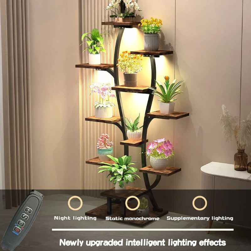 Indoor Plant Stand with Adjustable Grow Lights, Metal Vase-Shaped Plant Holder for Patio, 21.5″ L x 10″ W x 64.5″ H, Black+Dark Walnut