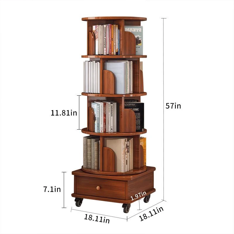 5-Tier Corner Bookcase for Small Spaces, 360-Degree Rotating Display Bookshelf with Drawer, 18" L x 18" W x 57" H, Walnut Brown