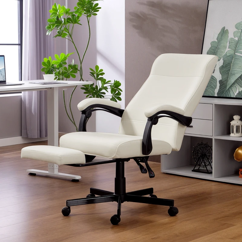 Vinsetto Office Chair, High Back Desk Chair, Swivel Recliner with Adjustable Height, Footrest and Padded Armrest, Cream White