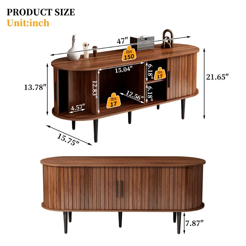 47" Modern TV Stand with Sliding Door, Gaming Entertainment Center with Storage Compartment and Cabinet, 47" L x 16" W x 21.5" H, Walnut