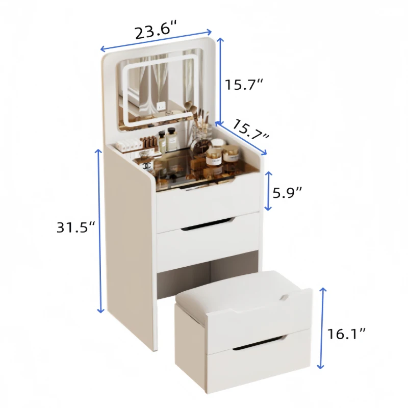 3-in-1 Vanity Desk with Flip Top Mirror, Compact Makeup Vanity Set with Visible Glass Desktop, Cushioned Stool, 23.5" L x 16" W x 31.5" H, White