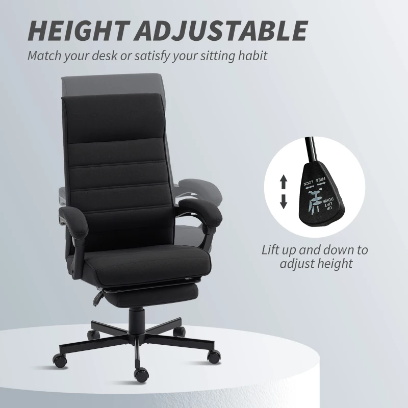 Vinsetto Office Chair, High Back Desk Chair, Swivel Recliner with Adjustable Height, Footrest and Padded Armrest, Black