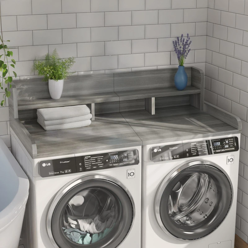 Practical Washer Dryer Countertop with Non-slip Pads, Wood Shelf Topper with Edge, Double Layer Organizer, 54" L x 27.5" W x 12" H, Gray+White