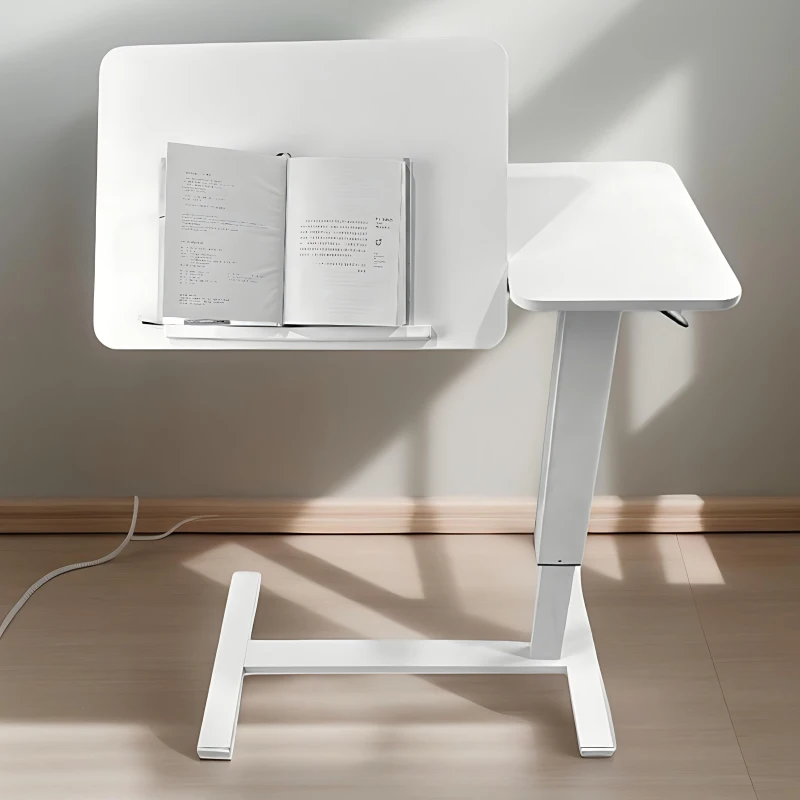 Overbed Bedside Desk with Tilting Tray, Mobile Rolling Laptop Stand, Height Adjustable Table with Wheels, 31.5″ L x 16″ W x 38″ H, White