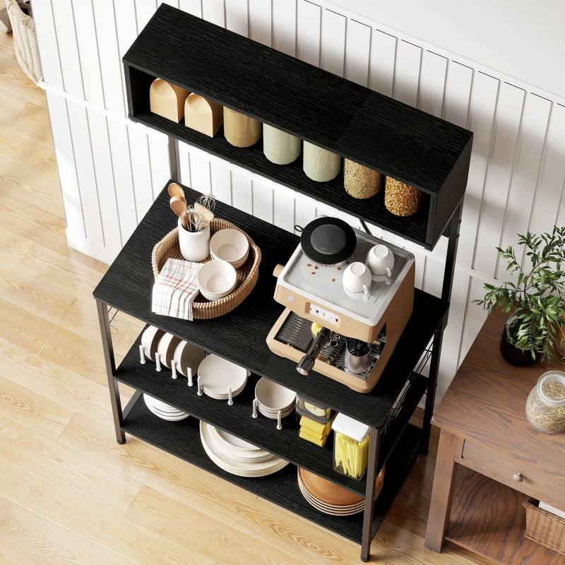 HOMCOM Baker's Rack with Charing Station, Microwave Shelf with Power Outlet, USB Charger and 5 Hooks, Black