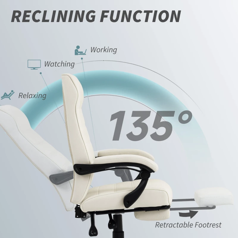 Vinsetto Office Chair, High Back Desk Chair, Swivel Recliner with Adjustable Height, Footrest and Padded Armrest, Cream White