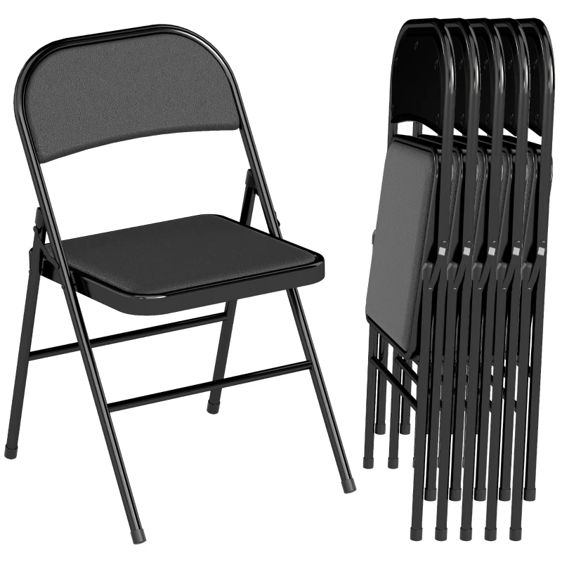 HOMCOM Set of 6 Metal Foldable Chairs, PU Leather Padded Folding Chairs with Cushion Seat and Open Back for Indoor, Black