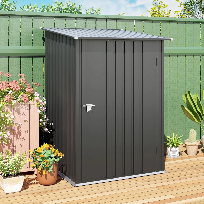Outsunny 3.3' x 3.4' Lean-to Garden Storage Shed, Small Outdoor Galvanized Steel Tool House with Lockable Door for Patio, Backyard, Lawn, Dark Gray