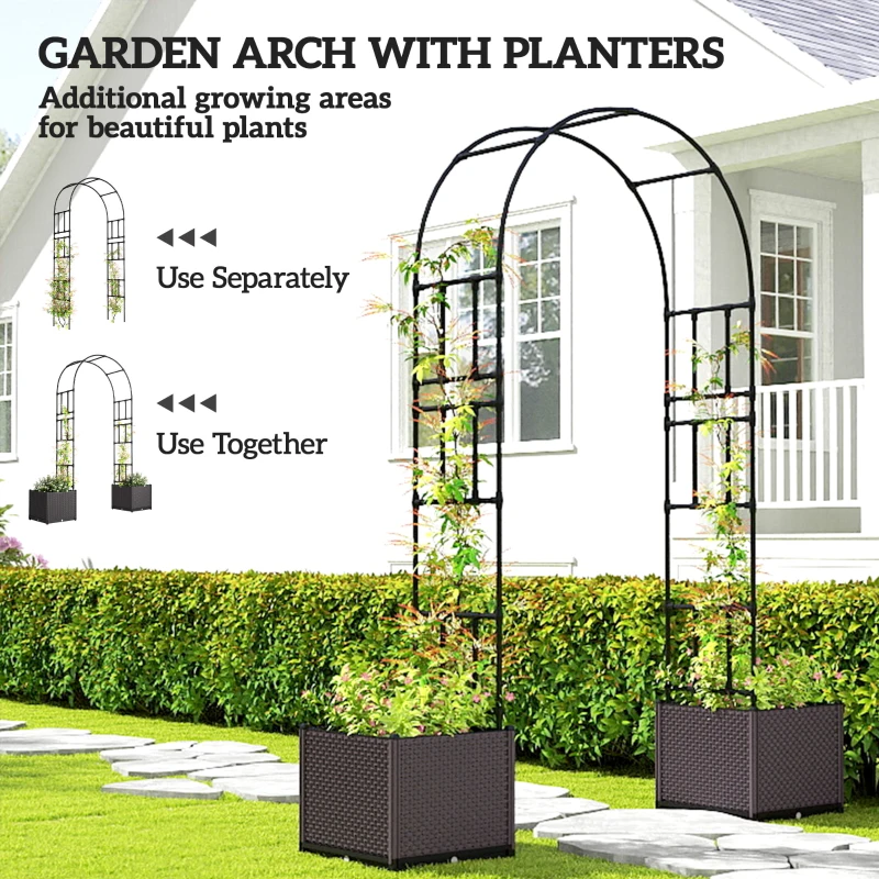 Outsunny 8ft Garden Arch with Two Planters Outdoor Steel Trellis Arbor for Climbing Plants, Weddings, Party, Brown, Black