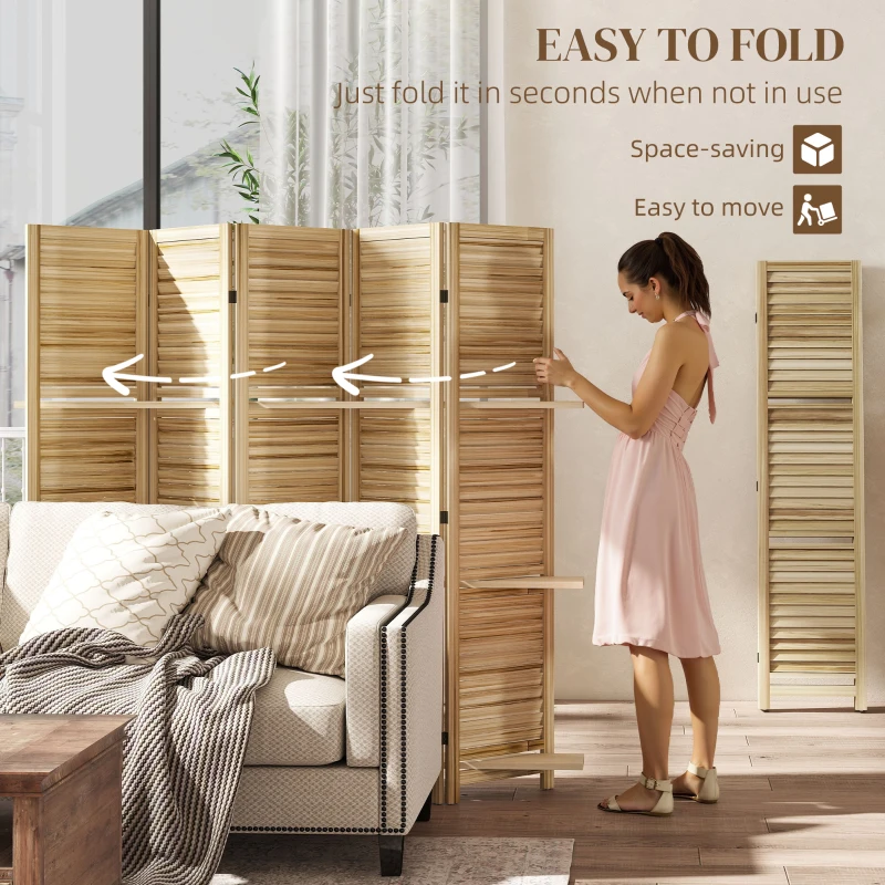 HOMCOM 5 Panel 67" Tall Wood Privacy Screen Room Divider with 3 Shelves and Folding Storage for Bedroom, Natural Wood
