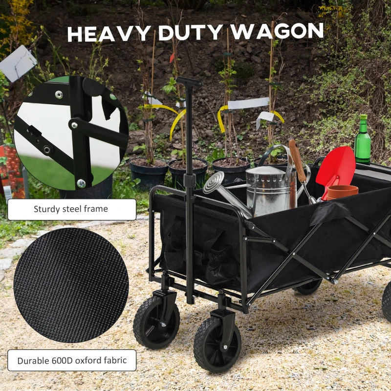 Outsunny Foldable Wagon Garden Carts with Wheels and Side Table, Black