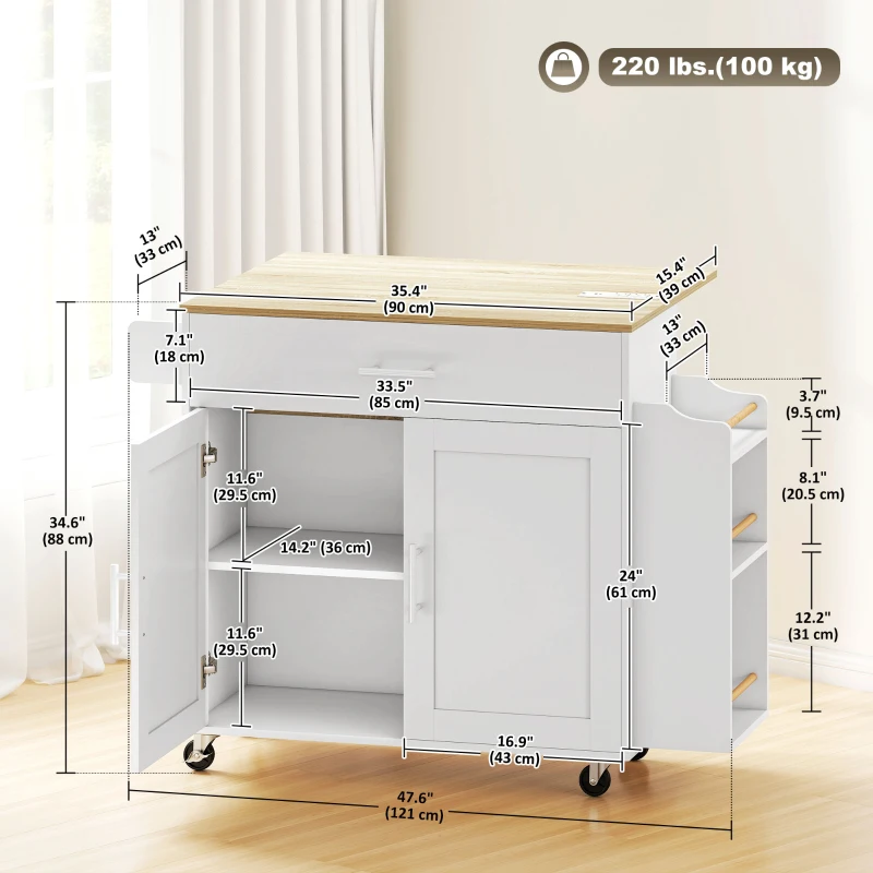 HOMCOM Kitchen Island with Storage, Rolling Kitchen Cart with Foldable Drop Leaf, Power Outlet and USB Ports, White