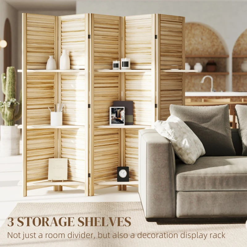 HOMCOM 5 Panel 67" Tall Wood Privacy Screen Room Divider with 3 Shelves and Folding Storage for Bedroom, Natural Wood