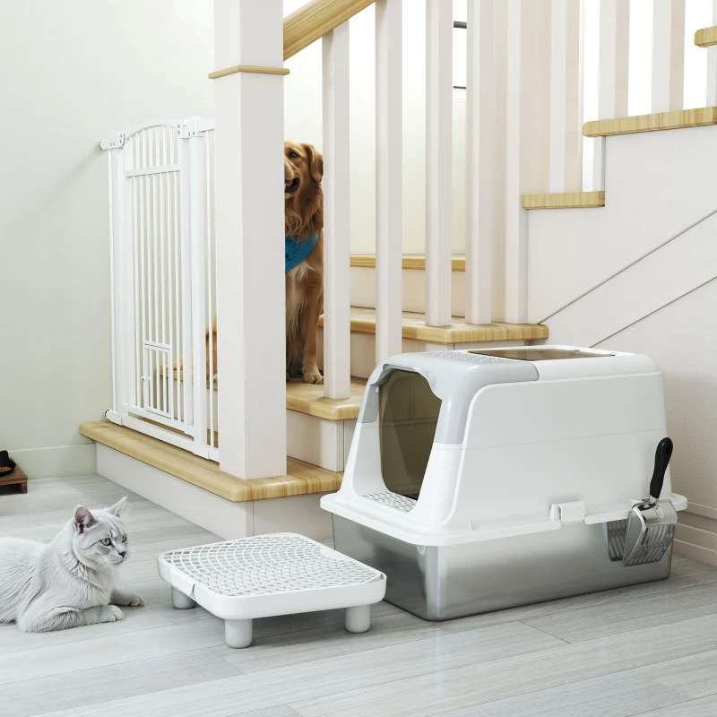 PawHut Extra Large Stainless Steel Litter Box, Enclosed Cat Litter Box with Scoop, Deodorizer Bag, Sand Drop Pedal