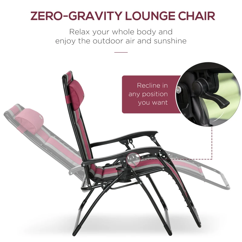 Outsunny XL Oversize Zero Gravity Recliner, Padded Patio Lounger Chair, Folding Chair with Adjustable Backrest, Cup Holder, and Headrest for Backyard, Poolside, Lawn, Striped, Wine Red